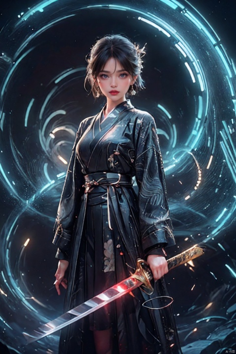  ((minimalist style)), High detailed, masterpiece, ((Front wheel empty light)), 1 girl, solo, (Female Focus), aqua eyes, multicolored eyes, ((Eye highlight)), ((Red glossy lip gloss)), Earrings, bangs, long hair, Hair ornaments, kimono, Printing, Medium chest, ((5 fingers)), ((1 handful Katana/hilt/Blade/)), ((Motion delay light、light painting)), ((Motion delay light| White light painting)), fine gloss, (Desert background), Film and television style, reflection light, motion blur, Depth of field, sparkle, Surrealism, Conceptual art, glowing light, anaglyph, UHD, 8K, best quality, textured skin, 1080P, ccurate, retina, [(white background:1.5)::5]