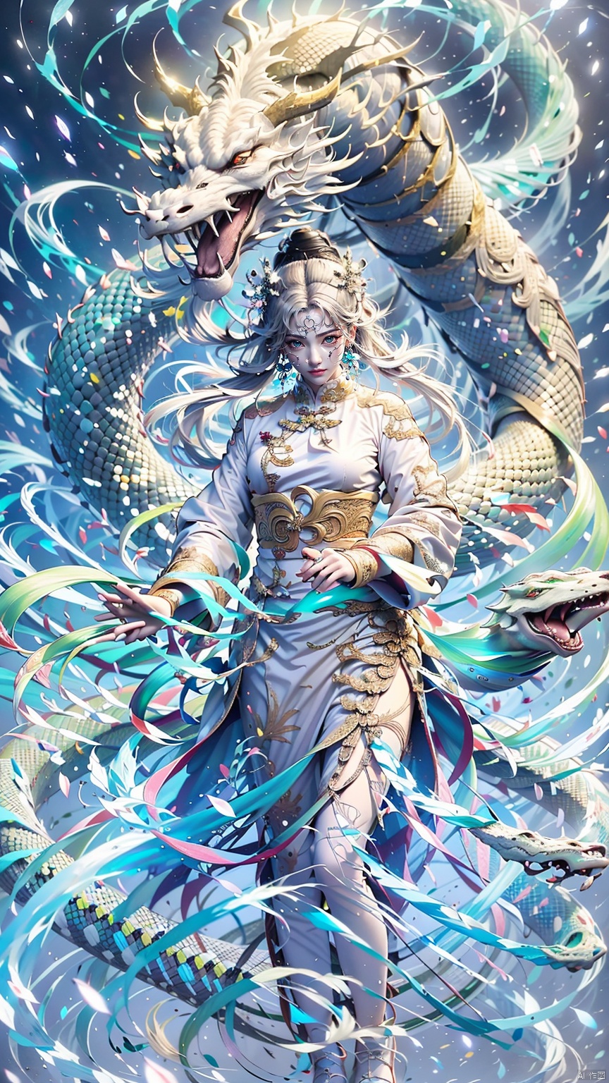1 Girl, Ancient Chinese Hanfu, White Hair, Sword Holding, Long Sleeve, Dynamic Pose, Ancient Chinese Architecture, Giant White Snake, Energy Storm, Watching Audience, Female Focus, Outdoors, Standing, Snake