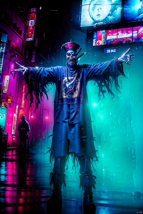  solo,1 boy,（Human Height: 1.2）,hat,male focus,glowing,outstretched arms,ofuda,jiangshi,qing guanmao,zombie pose,neon lights., horror (theme), qzcnhorror, dofas, glint sparkle