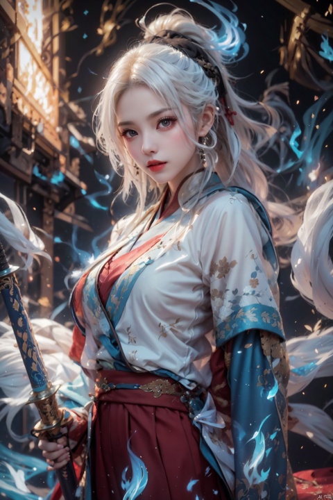  (Oriental Fairy Hero Style: 1.5,Taoist elements)/(Movie Style),
HDR, UHD, 8K, detailed, best quality,
1 Girl, Solo, (Female Focus: 1.6),(White hair), (High ponytail),
(Looking at the camera),
Delicate face, long hair
Elegant, aesthetic pose, sharp eyes, red lips, bangs, (Black clothing: 1.2), (Wide sleeved),wide sleeps, dress, kimono, hanfu, cardigan, print, tassel, (full body - blue white flame: 1.2).
（(Holding weapons,swords, blades, hilts, scabbard, out scabbards)).
(Motion Blur: 1.4), (Depth of Field: 1.5), (Ray Tracing Lighting: 1.3)
(Black background：1.3), huliya, 1 girl, light master