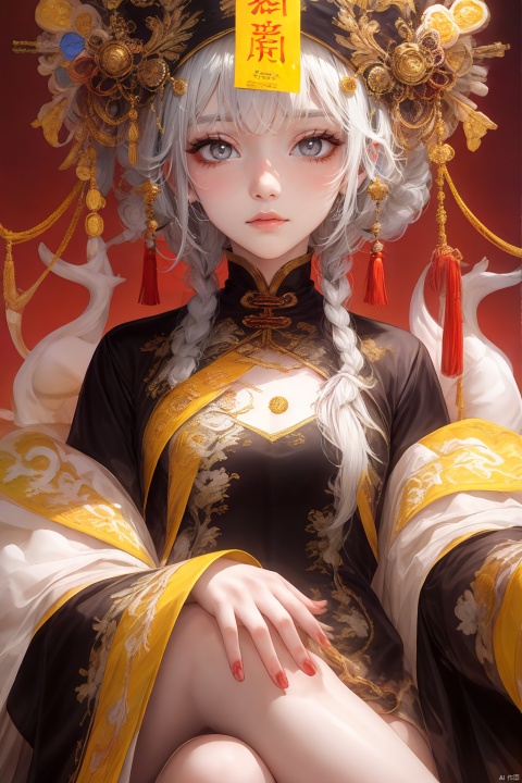  1girl, solo, long hair, looking at viewer, smile, open mouth, bangs, black hair, dress, jewelry, sitting, yellow eyes, white hair, multicolored hair, earrings, teeth, tongue, hair bun, nail polish, two-tone hair, fingernails, double bun, makeup, fangs, chinese clothes, red nails, hair rings, ofuda, stitches, jiangshi