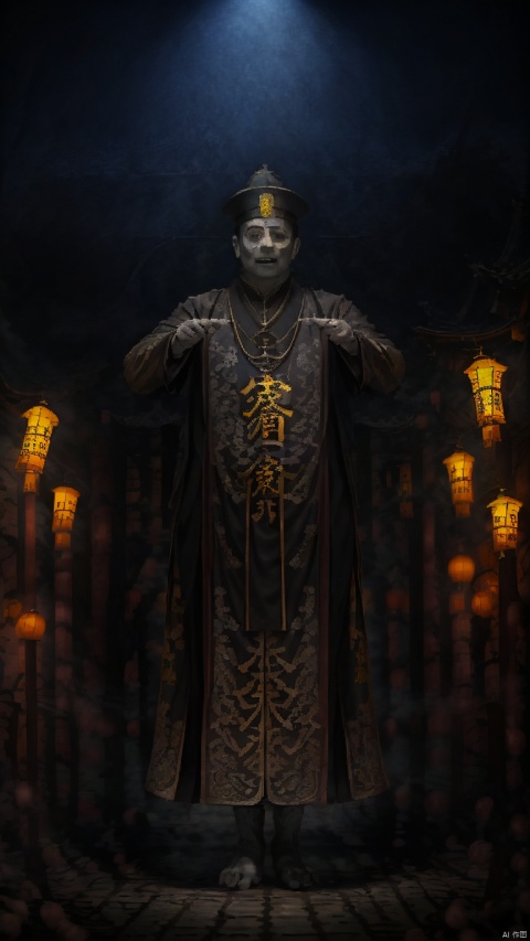  China (Qing Dynasty Official Uniform), Single,(Short and chubby) (Strong) ,1 Boy, Front, (Hat), (Yellow Amulet), Chinese Zombie, (Biotech) (Black Metal) (Enhanced Metal Texture) Male Focus, (Bionic Implant) (Mechanical Aesthetics), (Broken Pieces) Cable, Blue Light Background, Scene, Light, Dark, Cyberpunk
