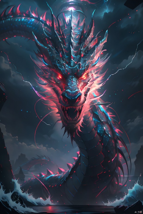 HDR, UHD, 8K, High detailed, best quality, masterpiece, (Cyber Theme) (Colorful, Neon Light) Chinese dragon - huge, (solo), no humans, glowing scales, sharp teeth, dragon horns, ocean, clouds, lightning