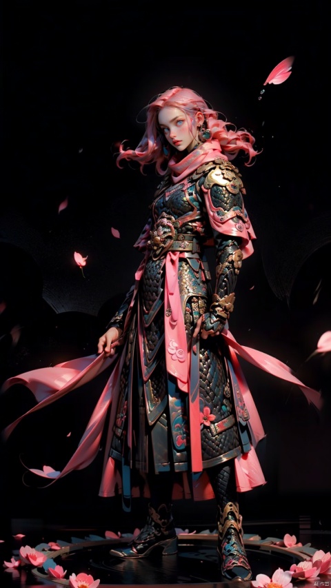  1 Girl, Blue Eyes, Long Pink Hair, Holding Weapon, Pink Armor, Chinese Armor, Pink Shawl, Athletic Pose, Night, Outdoors, Ancient Chinese Architecture, Networked Digital Lighting, Neon Lights, Networked Colors, Cherry Blossoms, Flower Petals, Reflective Floor, Standing Water, Splashing, Ripples, Broken Mirror.