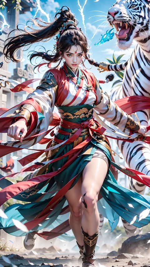  1 Girl, Ancient Chinese Hanfu, White Hair, Sword Holding, Long Sleeve, Dynamic Pose, Ancient Chinese Architecture, Giant White Tiger, Energy Storm, Watching Audience, Female Focus, Outdoors, Standing, Tiger, yiwenrudao\(xiuxian\), Daofa Rune, black pantyhose