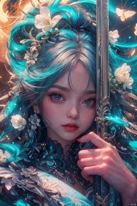  ((minimalist style)), High detailed, masterpiece, ((Front wheel empty light)), 1 girl, solo, (Female Focus), aqua eyes, multicolored eyes, ((Eye highlight)), ((Red glossy lip gloss)), Earrings, bangs, long hair, Hair ornaments, kimono, Printing, Medium chest, ((5 fingers)), ((1 handful Katana/hilt/Blade/)), ((Motion delay light、light painting)), ((Motion delay light| White light painting)), fine gloss, (Desert background), Film and television style, reflection light, motion blur, Depth of field, sparkle, Surrealism, Conceptual art, glowing light, anaglyph, UHD, 8K, best quality, textured skin, 1080P, ccurate, retina, [(white background:1.5)::5]