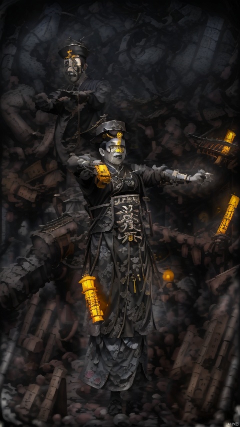  China (Qing Dynasty Official Uniform), Single,(Short and chubby) (Strong) ,1 Boy, Front, (Hat), (Yellow Amulet), Chinese Zombie, (Biotech) (Black Metal) (Enhanced Metal Texture) Male Focus, (Bionic Implant) (Mechanical Aesthetics), (Broken Pieces) Cable, Blue Light Background, Scene, Light, Dark, Cyberpunk