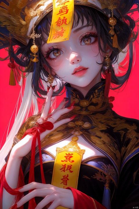  1girl, solo, long hair, looking at viewer, smile, open mouth, bangs, black hair, dress, jewelry, sitting, yellow eyes, white hair, multicolored hair, earrings, teeth, tongue, hair bun, nail polish, two-tone hair, fingernails, double bun, makeup, fangs, chinese clothes, red nails, hair rings, ofuda, stitches, jiangshi, qzcsws