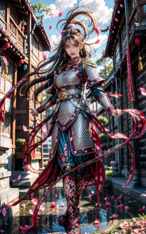  1 Lori, Blue Eyes, Long Pink Hair, Pink Armor, Chinese Armor, Pink Shawl, Athletic Pose, Night, Outdoors, Street, Cyber Digital Lighting, Neon, Cyber Color, Cherry Blossoms, Flower Petals, Reflective Floor, Standing Water, Splashing, Ripples, Broken Mirror., 1 girl
