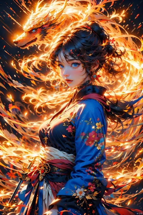  1 girl, solo, (upper body) female focal point, (Hanfu) (kimono) (skirt), blue long hair, (Chinese clothing) (blue eyes) (bright pictures) red lips, bangs, earrings, kimono, Chinese cardigan, print, tassels, (front view) (front view), sword (straight sword)
Elemental Whirlwind, Chinese Dragon_ Imagination__ Cloud winding_ Huoyun_ Dragon, Chinese architecture.
(Masterpiece), (very detailed CG Unity 8K wallpaper), the best quality, high-resolution illustrations, stunning, highlights, (best lighting, best shadows, a very exquisite and beautiful), (enhanced)·