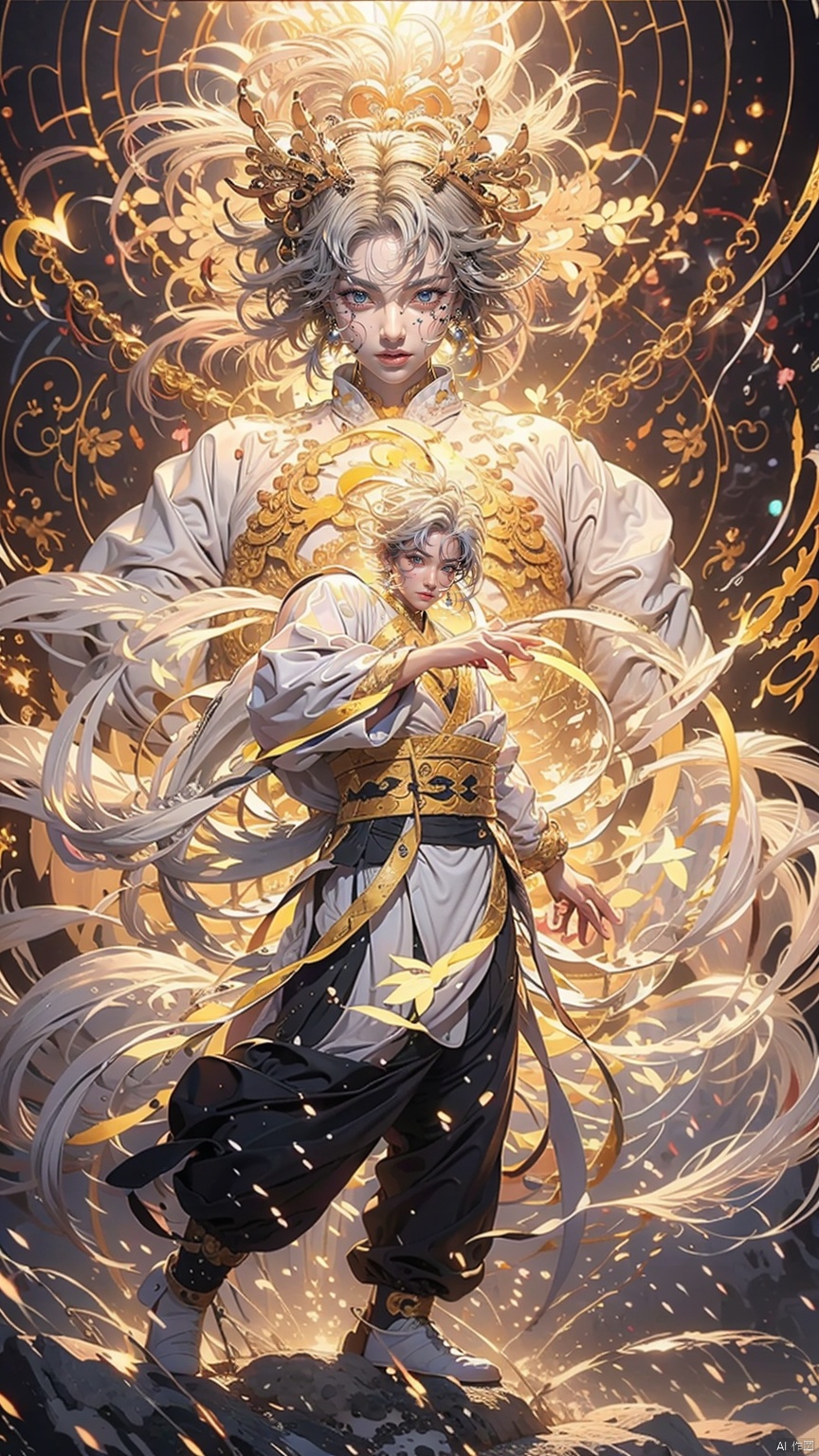 Ancient Chinese Hanfu, White Hair, Long Sleeve, Dynamic Pose, Ancient Chinese Architecture, Huge Idol Projection, Energy Storm, Viewing Audience, Female Focus, Outdoors, Standing, Blue Deities