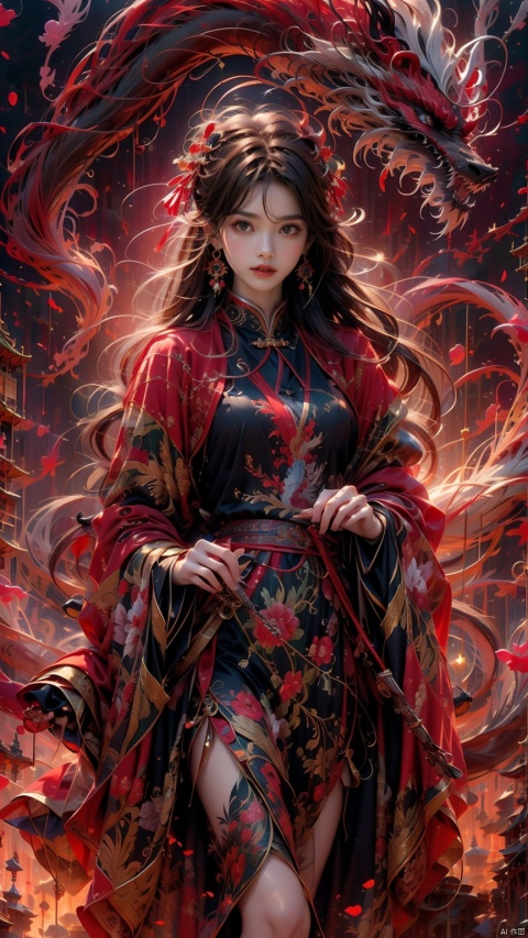  1 girl, solo, female focus, (Chinese dress) and red lips, bangs, earrings, kimono, Chinese cardigan, printed cloth, tassel, hand-held samurai knife.(Chinese dragon)
 (Masterpiece), (Very Detailed CGUnity 8K Wallpaper), Best Quality, High Resolution Illustrations, Stunning, Highlights, (Best Lighting, Best Shadows, A Very Delicate And Beautiful), (Enhanced) ·, long, (\long yun heng tong\)