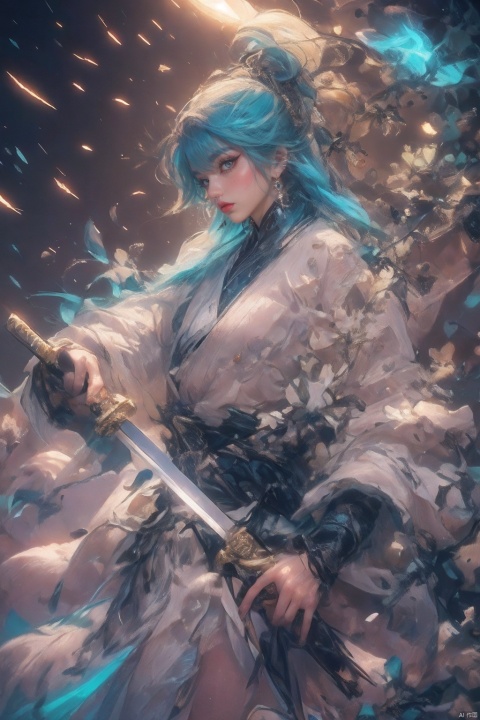  ((minimalist style)), High detailed, masterpiece, ((Front wheel empty light)), 1 girl, solo, (Female Focus), aqua eyes, multicolored eyes, ((Eye highlight)), ((Red glossy lip gloss)), Earrings, bangs, long hair, Hair ornaments, kimono, Printing, Medium chest, ((5 fingers)), ((1 handful Katana/hilt/Blade/)), ((Motion delay light、light painting)), ((Motion delay light| White light painting)), fine gloss, (Desert background), Film and television style, reflection light, motion blur, Depth of field, sparkle, Surrealism, Conceptual art, glowing light, anaglyph, UHD, 8K, best quality, textured skin, 1080P, ccurate, retina,