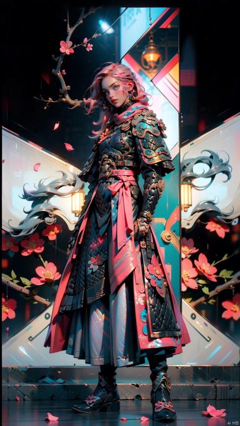 1 Girl, Blue Eyes, Long Pink Hair, Holding Weapon, Pink Armor, Chinese Armor, Pink Shawl, Athletic Pose, Night, Outdoors, Ancient Chinese Architecture, Networked Digital Lighting, Neon Lights, Networked Colors, Cherry Blossoms, Flower Petals, Reflective Floor, Standing Water, Splashing, Ripples, Broken Mirror.

(Masterpiece), (very detailed CG Unity 8K wallpaper), the best quality, high-resolution illustrations, stunning, highlights, (best lighting, best shadows, a very exquisite and beautiful), (enhanced)·