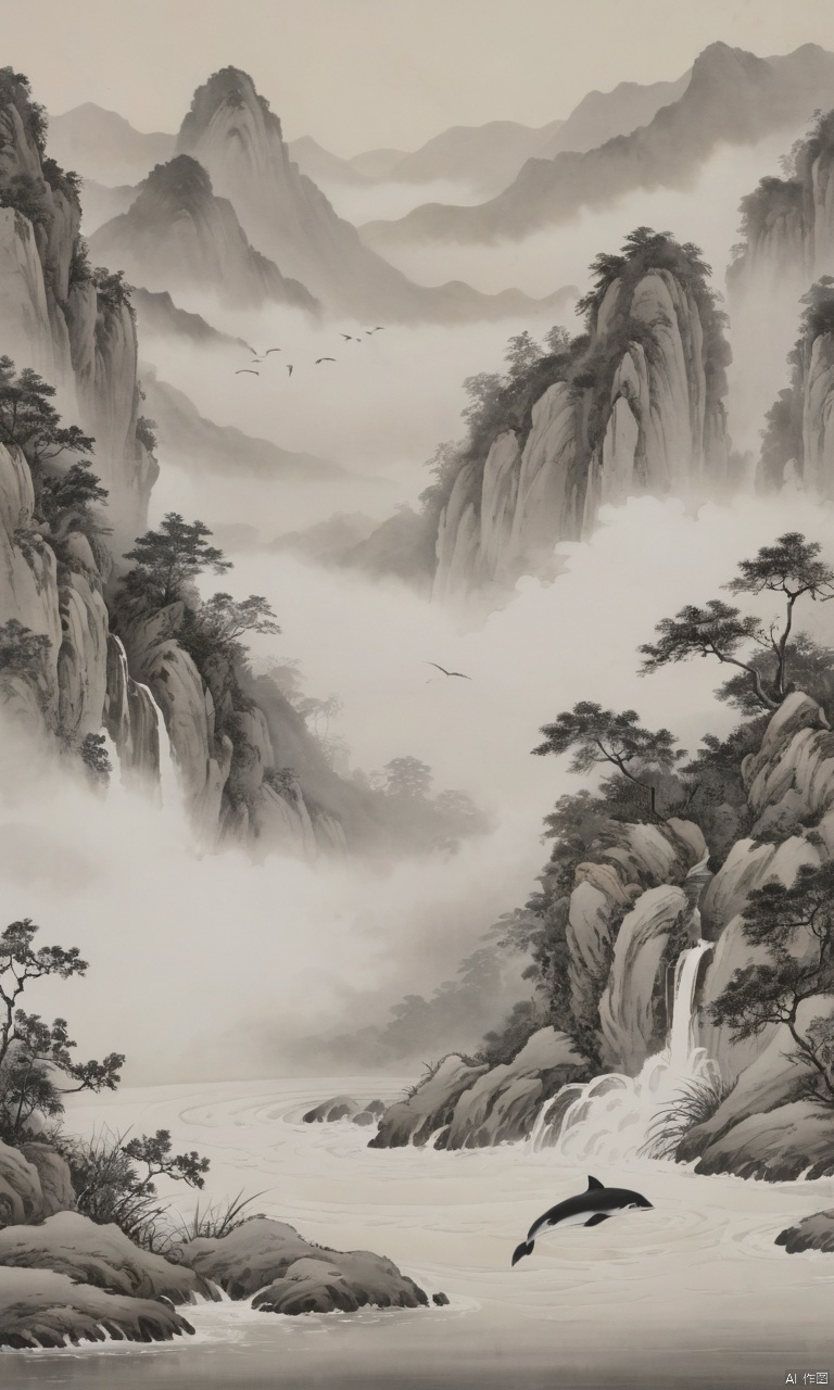  8k, masterpiece, best quality, high detailed,ultra-detailed,2D,Presented in the style of Chinese ink painting, traditional chinese ink painting,（The finless porpoise is swimming2.0）1 grey_fish was jumped out from the water,background is river and grey_sand, (fog:1.4), smoke, many waterfalls, Distant and layered mountains,ink,