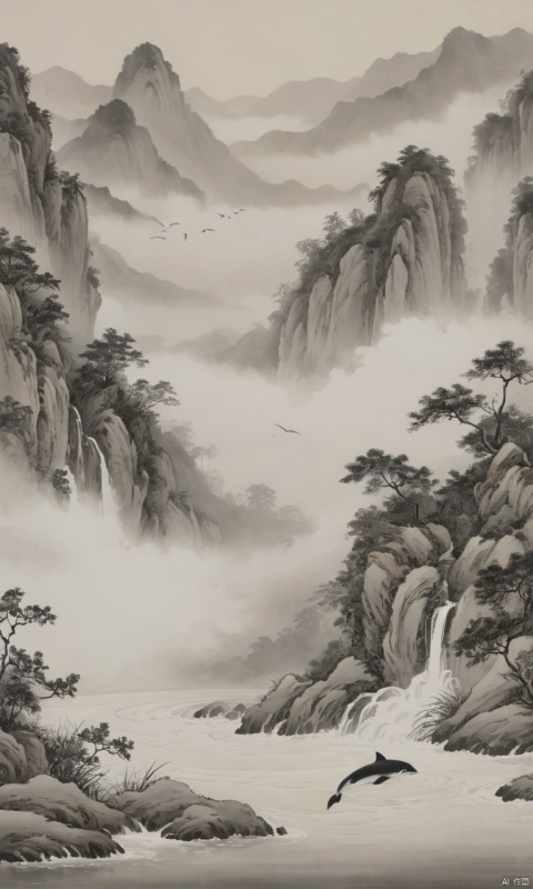  8k, masterpiece, best quality, high detailed,ultra-detailed,2D,Presented in the style of Chinese ink painting, traditional chinese ink painting,（The finless porpoise is swimming2.0）1 grey_fish was jumped out from the water,background is river and grey_sand, (fog:1.4), smoke, many waterfalls, Distant and layered mountains,ink,