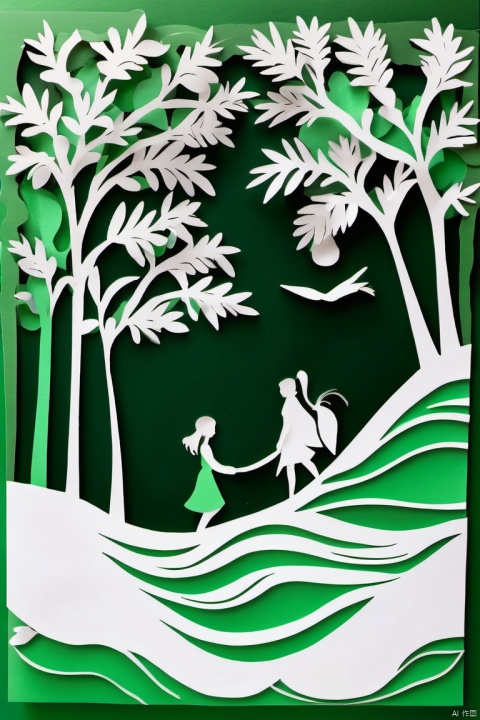 Paper cut art, green theme, a girl was walking by the river,1girl,river,walking