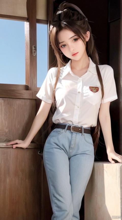  1girl, solo, long_hair, looking_at_viewer, brown_hair, shirt, brown_eyes, white_shirt, braid, short_sleeves, cowboy_shot, shorts, midriff, lips, short_shorts, single_braid, own_hands_together, denim, t-shirt, denim_shorts, white_shorts, realistic, cutoffs,cutout below navel,blush,Spread one's legs,,An exaggerated expression,Watching the audience,Lying down, Face Score, Realistic, Hosino