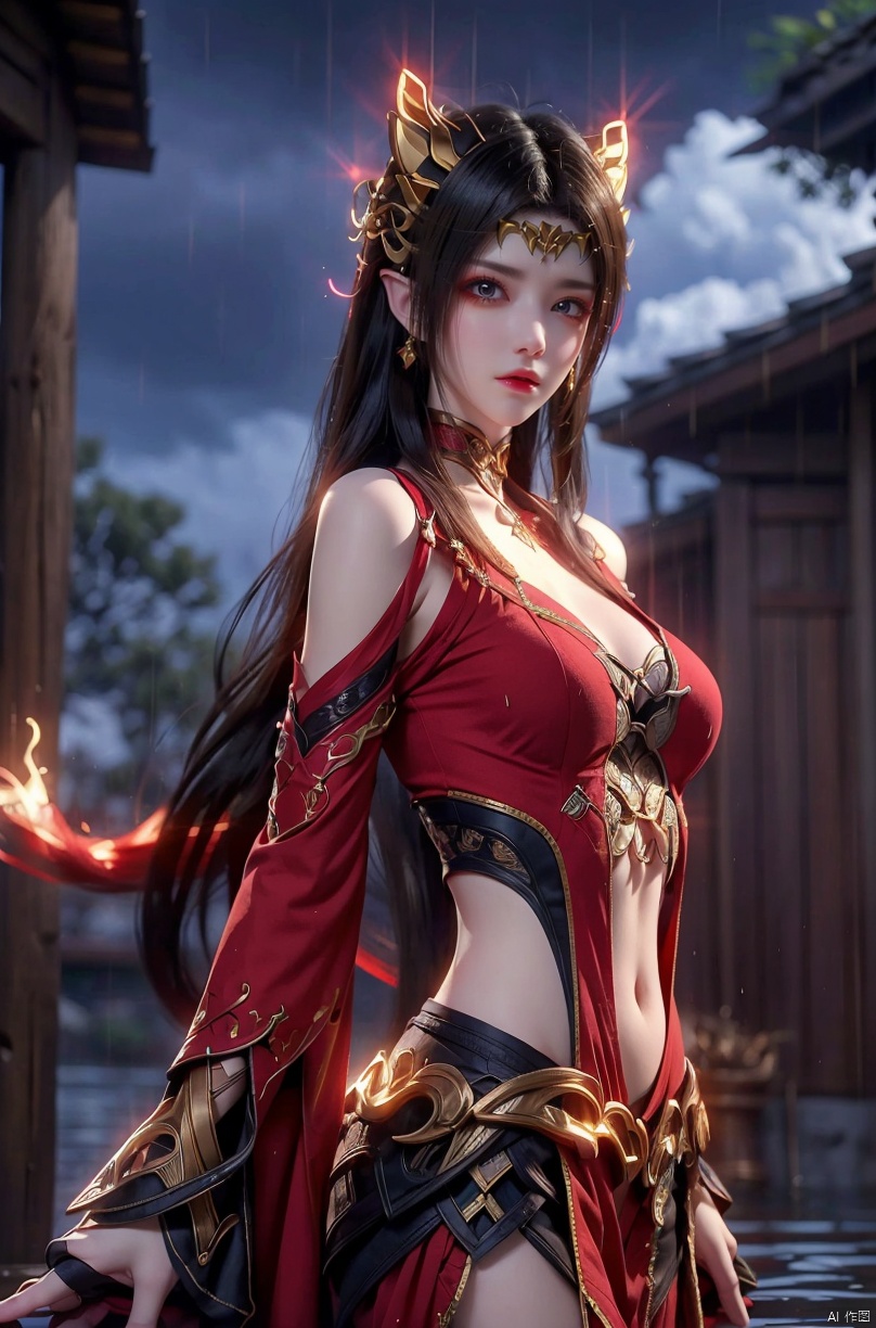  1girl, 
(red fire,magic),(glowing eyes:1.3), 
chest,electricity, lightning,
red magic, aura,,
Front view,
 backlight,looking at viewer,,
very long hair,hair flowe
,tarry sky ,water,Rain,night, ,, , meidusha