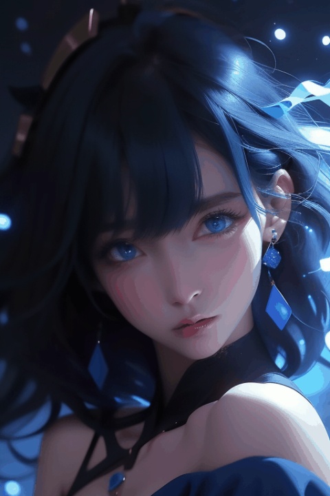  1girl,Bangs, off shoulder, black hair, blue dress, blue eyes, chest, earrings, dress, earrings, floating hair, jewelry, sleeveless, short hair,Looking at the observer, parted lips, pierced,energy,electricity,magic,