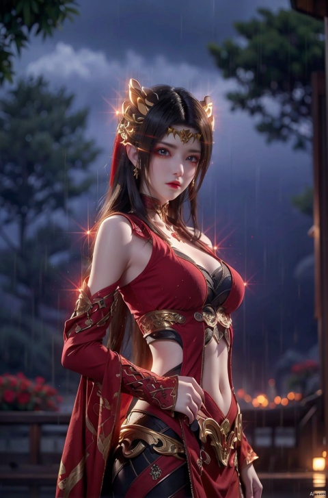  1girl, 
(red fire,magic),(glowing eyes:1.3), 
chest,electricity, lightning,
red magic, aura,,
Front view,
 backlight,looking at viewer,,
very long hair,hair flowe
,tarry sky ,water,Rain,night, ,, , meidusha