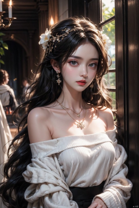  {{masterpiece}}, {best quality}}, {superfine}, {{extremely thin}, 4K, {8K}, best quality, {beauty}, a girl, solo, white knitwear, jewelry, earrings, long hair, black hair, necklace, bare shoulders, flowers, red lips, hair accessories, upper body, off shoulder, powder blusher, makeup, lips, candles, collarbone, long sleeves, Tyndall effect, 8K, big halo, century masterpiece, corridor,


