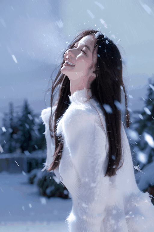  A girl with long black hair, smiling, naked all over, big breasts, standing in the snow, snowing in the park, scratching her head,