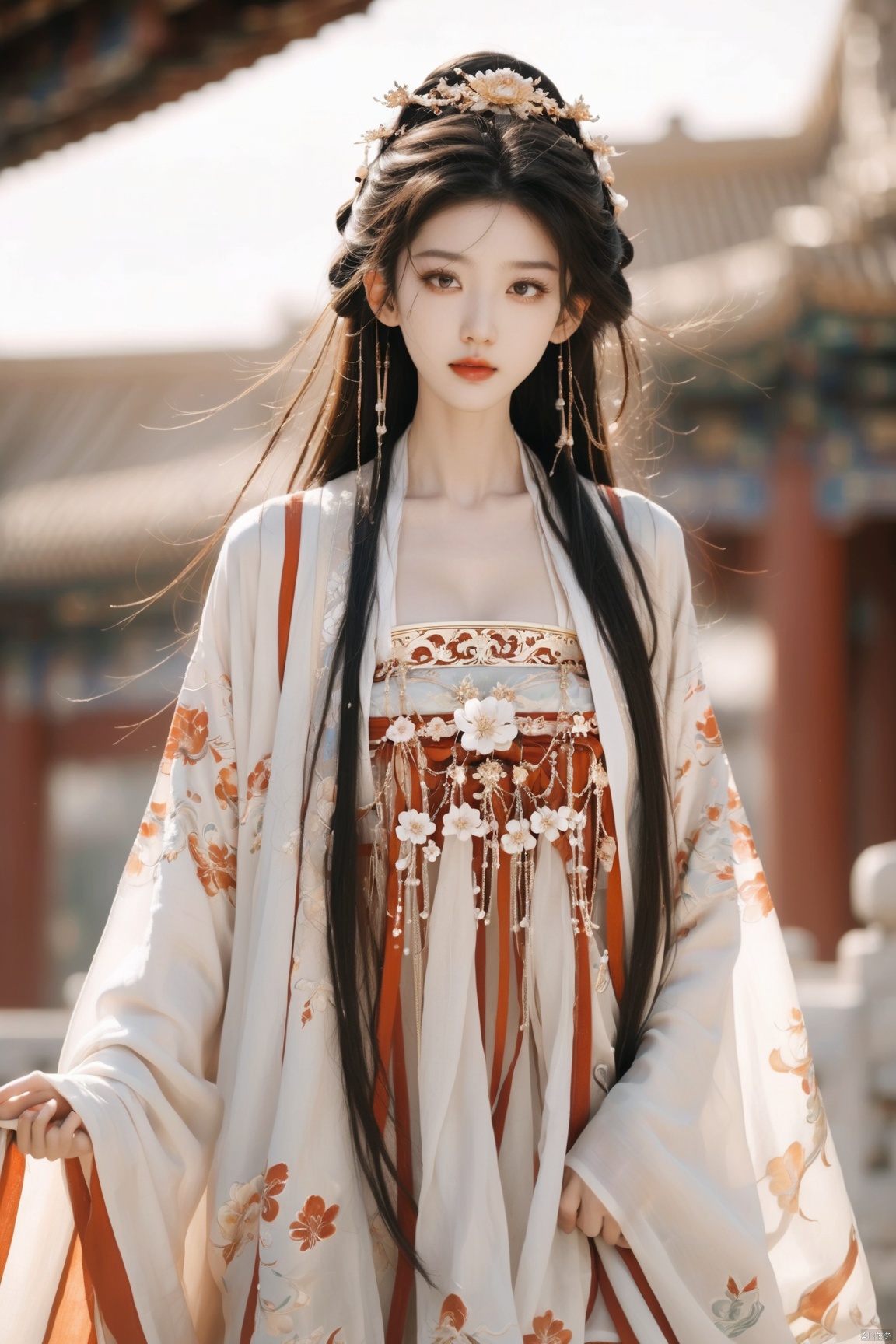  , Best quality, Realistic, photorealistic, masterpiece, extremely detailed CG unity 8k wallpaper, best illumination, best shadow, huge filesize, incredibly absurdres, absurdres, looking at viewer, 
transparent, smog, gauze, vase, petals, room, ancient Chinese style, detailed background, wide shot background, 
1gilr, Hairpins, hair ornament, slim, narrow waist, (huge breasts:1.3), perfect eyes, beautiful perfect face, perfect female figure, detailed skin, delicate pattern, detailed complex and rich exquisite clothing detail, delicate intricate fabrics, charming, alluring, seductive, erotic, enchanting, 
hanfu, standing, standing straight, above the thighs, white_thighhighs, , hanfu,chinese cloths, suxiu,hair ornament, arien_hanfu,The construction of a temple