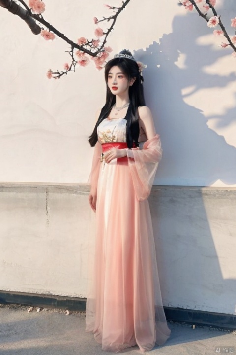  masterpiece, HanFu, 1 girl, solo, Lovely, Look at me, jewelry, necklace, hair ornament, Tea hair, full body, dress, chinese clothes, standing, tiara, White background wall, Peach blossom tree decoration, Potted plant, Petals on the ground, Landscape mural, Dunhuang, Photographic sets, Light and shadow, textured skin, super detail, best quality, 1girl, HUBG_Beauty_Girl