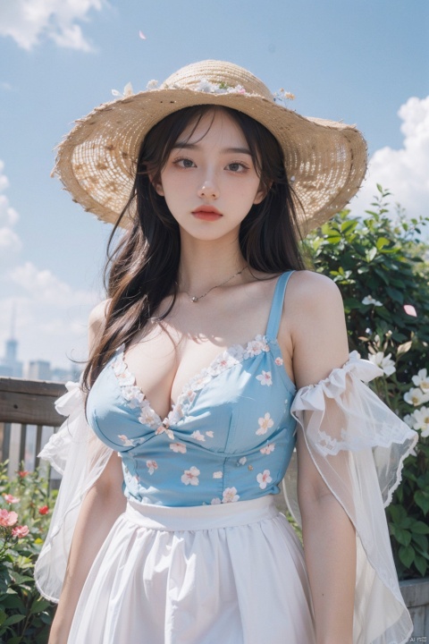 masterpiece, 1 girl, 18 years old, Look at me, long_hair, straw_hat, Wreath, petals, Big breasts, Light blue sky, Clouds, hat_flower, jewelry, Stand, outdoors, Garden, falling_petals, White dress, textured skin, super detail, best quality, HUBG_Rococo_Style(loanword), hanfu, 