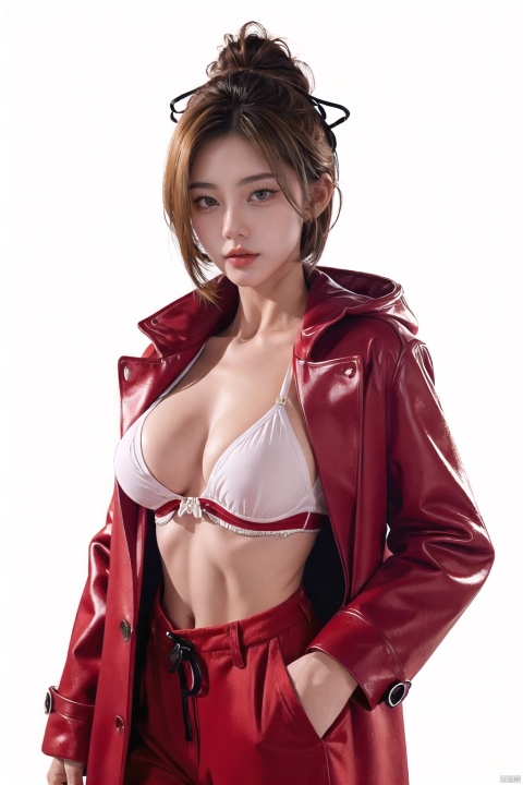  Girl, red wool coat, pretty face, short hair, blonde hair, (photo reality: 1.3) , Edge lighting, (high detail skin: 1.2) , 8K Ultra HD, high quality, high resolution, best ratio of four fingers and one thumb, (photo reality: 1.3) , wearing a red coat, white shirt inside, large breasts, solid color background, solid red background, advanced feeling, texture pull full, 1 girl, xiqing, hszt, xiaxue, dongji, HUBG_Rococo_Style(loanword), HUBG_Beauty_Girl, HUBG_CN_illustration