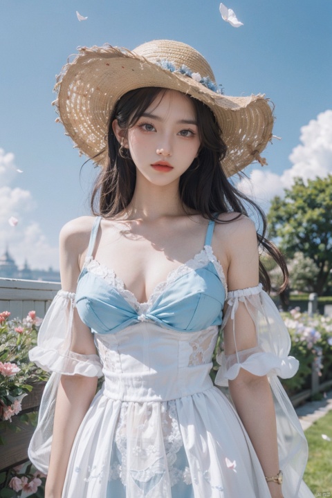  masterpiece, 1 girl, 18 years old, Look at me, long_hair, straw_hat, Wreath, petals, Big breasts, Light blue sky, Clouds, hat_flower, jewelry, Stand, outdoors, Garden, falling_petals, White dress, textured skin, super detail, best quality, HUBG_Rococo_Style(loanword), hanfu,