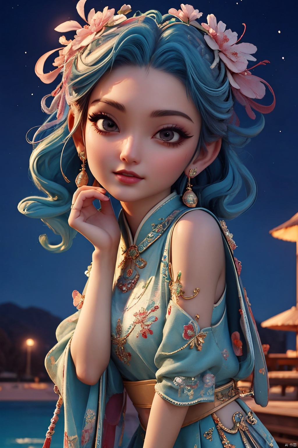 Masterpiece,highest quality,realistic,very fine and fine details,high resolution,8K, hubg\(haixiaoqiong)\ , 1girl are singing, night, stars, beaches, concerts, HUBG_CN_illustration