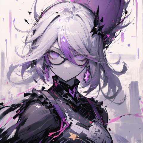  1girl, solo, looking at viewer, simple background, hair ornament, white background, purple eyes, monochrome, ahoge, glasses, star \(symbol\), hair over one eye, sketch, chinese clothes, semi-rimless eyewear, under-rim eyewear, star hair ornament, ink style, multicolored hair , purple red, , bj_Fault art