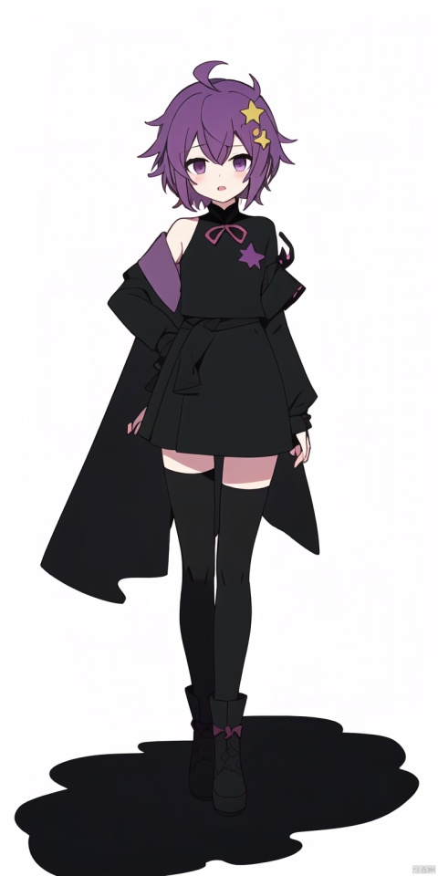 (1girl), (full body),  (thin build), (age low),  (violet hue short hair, ) anime ahoge, red_highlights,  off-shoulder black cheongsam,  confident expression,  deep violet eyes,  detailed eyes,  small bust,  (single black thighhigh right leg),  pale red flat boots,  black fingerless gloves,  golden star hair accessory,  large bow in rear hair,  long bangs,  hairpin in bangs,  open mouth,  star hairpin,  head bowing, ((((white background)))),  standing pose,  masterpiece(designation),  highest(basic) quality,  official(art) representation,  extremely detailed,  CG artwork,  unity 8k(resolution) wallpaper, Serious expression,