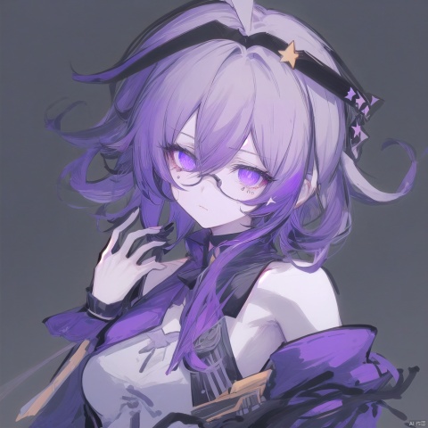 1girl, solo, looking at viewer, simple background, hair ornament, white background, purple eyes, monochrome, ahoge, glasses, star \(symbol\), hair over one eye, sketch, chinese clothes, semi-rimless eyewear, under-rim eyewear, star hair ornament, 1girl, solo, long hair, looking at viewer,  bangs, hair ornament, gloves, long sleeves, bare shoulders, brown eyes, upper body, pink hair, purple hair, ahoge, multicolored hair, parted lips, detached sleeves, glasses, sleeveless, black gloves, star \(symbol\), streaked hair, black shirt, black background, black-framed eyewear, star hair ornament,ink style