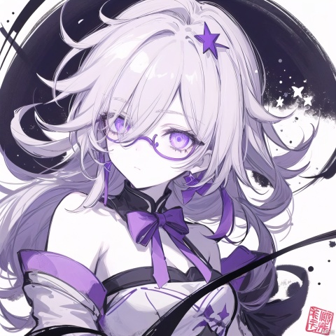 1girl, solo, looking at viewer, simple background, hair ornament, white background, purple eyes, monochrome, ahoge, glasses, star \(symbol\), hair over one eye, sketch, chinese clothes, semi-rimless eyewear, under-rim eyewear, star hair ornament, ink style