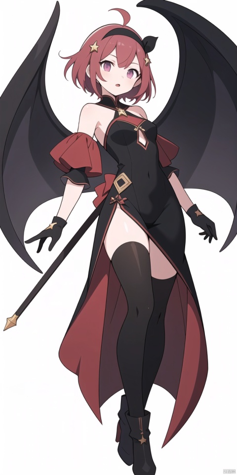  (1girl), (full body), (thin build), (age low), (violet hue short hair, ) anime ahoge, red_highlights, off-shoulder black cheongsam, confident expression, deep violet eyes, detailed eyes, small bust, (single black thighhigh right leg), pale red flat boots, black fingerless gloves, golden star hair accessory, large bow in rear hair, long bangs, hairpin in bangs, open mouth, star hairpin, head bowing, ((((white background)))), standing pose, masterpiece(designation), highest(basic) quality, official(art) representation, extremely detailed, CG artwork, unity 8k(resolution) wallpaper, Serious expression,