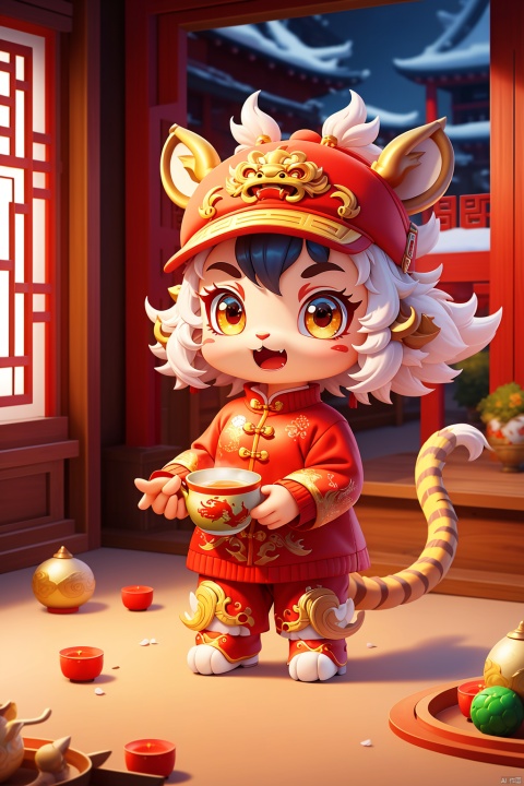  (masterpiece, top quality, best quality, official art), (full body), 1 girl, :d, tiger tooth, Chinese Spring Festival, winter, red sweater, clothes with a hat, hat with dragon characteristics, Chinese dragon, dragon head, Chinese courtyard, indoors, messy room, red theme, masterpiece, dragon,eastern dragon