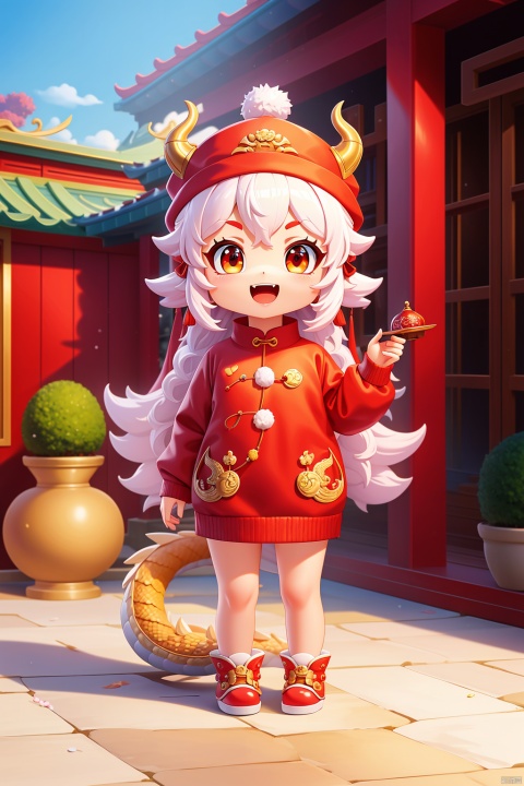  (masterpiece, top quality, best quality, official art), (full body), 1 girl, :d,  Chinese Spring Festival, winter, red sweater, clothes with a hat, hat with dragon characteristics, Chinese dragon, dragon head, Chinese courtyard, red theme, masterpiece, dragon,eastern dragon