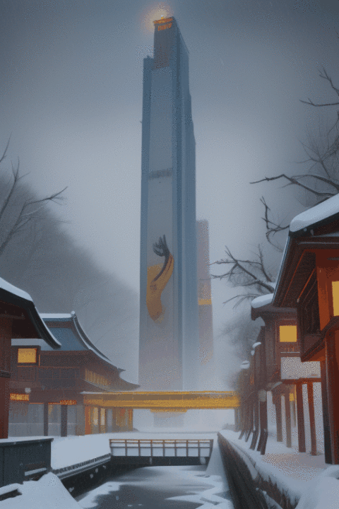 Snow falls on the Yellow Crane Tower on the changjiang River