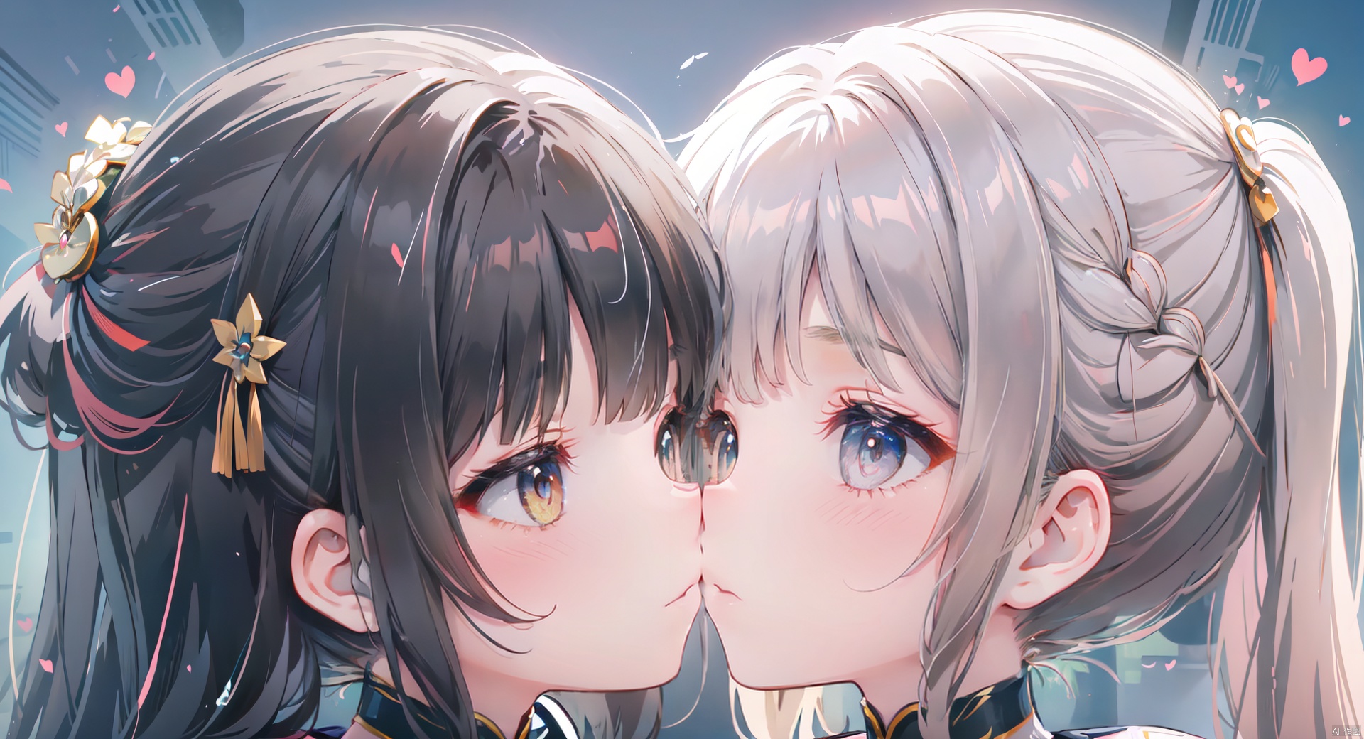 2 Girls, masterpiece, high quality, beautiful wallpaper, 16k, animation, illustration, positive view, perfect body, complete body, delicate face, delicate features, children, kissing, intense kiss, lesbian, loli, female primary school students, symmetrical_docking,