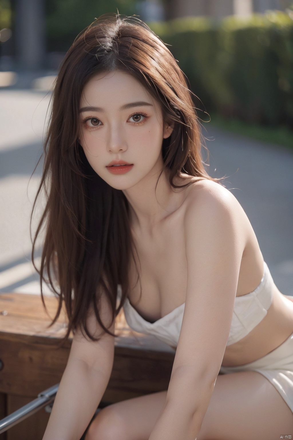 (Photorealism: 1.5, High Resolution: 2.0), (DSLR Quality, Low Depth of Field), (Sony A7R IV Sensor Simulation), Natural Lighting, Golden Hour, (Soft Sunlight: 1.5), Outdoor Setting, Forest Background, Autumn Foliage, Warm Earthy Tones, (Texture Enhancement: 1.2), Fine Detail Retention, Long Exposure Waterfall, Motion Blur, Serene Atmosphere, Peaceful Expression, Female Model, nudity, standing, naked, bare shoulders, long bare legs, full body, naked, whole body, Brown Hair with Gold Highlights, Looking into the Distance, Intense Eyes, Subtle Smile, Rule of Thirds, Bokeh Effect on Out-of-Focus Areas, ISO 100, f/2.8 Aperture, Shutter Speed 1/60 sec, Camera Angle from Slightly Above, Accurate Skin Tones, Moody yet Hopeful Ambiance, Inspired by Annie Leibovitz's Work, Award-Worthy Shot, (Cinematic: 1.8),