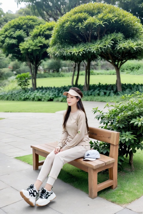  The image features a woman sitting on a wooden bench in a park. She is wearing a tan top with long sleeves and matching leggings. She is also wearing a visor and black sneakers with white laces. She has her hands on the bench, seemingly in a relaxed state. The surrounding environment includes a lush green plant behind the bench and a tree or shrub to the left and right. The bench is situated on a path, possibly indicating that this is a park or recreational area.koeran beauty, yanyi