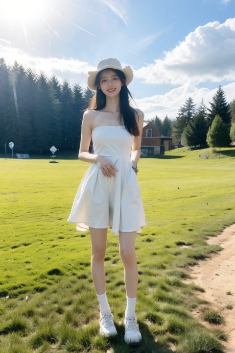 Best Quality, masterpiece, ultra-high resolution, (photo: 1.4), a beautiful naked girl in a plush hat, long bare legs, full body, naked, whole body,smile, realism, HD 16K, emma, one arm to wear sports watches, clouds, the tree, the outdoors, cheerful candy,xiqing, hszt, dyzgqzm, Geometric design style