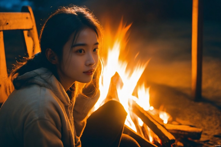  night, A girl, Sit by the fire, The fire shines on the girl's beautiful face, Movie shot, Win many honors, Ultra-high quality, Fuji color