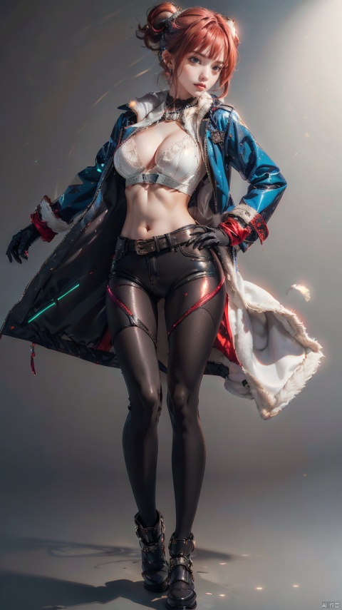 1girl,solo,red hair,twintails,long hair,blue eyes,smug,gloves,red leather gloves,gradient tight,skin tight,full body,breasts,coat,looking at viewer,fang,standing,open clothes,hand on hip,bangs,long sleeves,:d,black gloves,simple background,belt,white background,cyberpunk overcoat,open coat,jacket,very long hair,covered navel,abs,, cbpkv5
