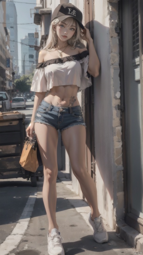 1girl,baseball cap,denim,socks,sneakers,satchel,full body,shoes,long hair,solo,shorts,smile,off-shoulder shirt,midriff,navel,denim shorts,blue eyes,short shorts,hat,breasts,looking at viewer,crop top,off shoulder,kneehighs,white shirt,bare shoulders,clothes writing,standing,blonde hair,bangs,jewelry,white footwear,necklace,summer street,leg tattoo,Firm abs,navel piercing, Tatoo