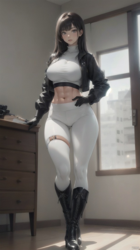 1girl,solo,white pants,white yoga pants,knee boots,long hair,boots,navel,breasts,gloves,pants,crop top,loating_jacket,long sleeves,white gloves,looking at viewer,full body,midriff,large breasts,black footwear,very long hair,bangs,brown eyes,holding,black hair,standing,tablet pc,thigh strap,pen,a serious expression,clubroom,abs,