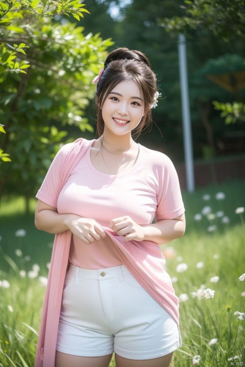 1 girl, solo, masterpiece, 8K resolution, facial details, thick lips, H figure, big breasts, looking at the audience, cute, smiling, lips not separated, brown hair, black eyes, standing posture, facing the camera, tight short sleeves, pink shorts, no glasses, (seven-body lens), (grassland as the background)